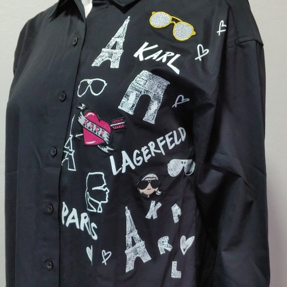 Karl Lagerfeld Paris Print and Patches Shirt / Dress Women's Size Medium - Picture 9 of 13